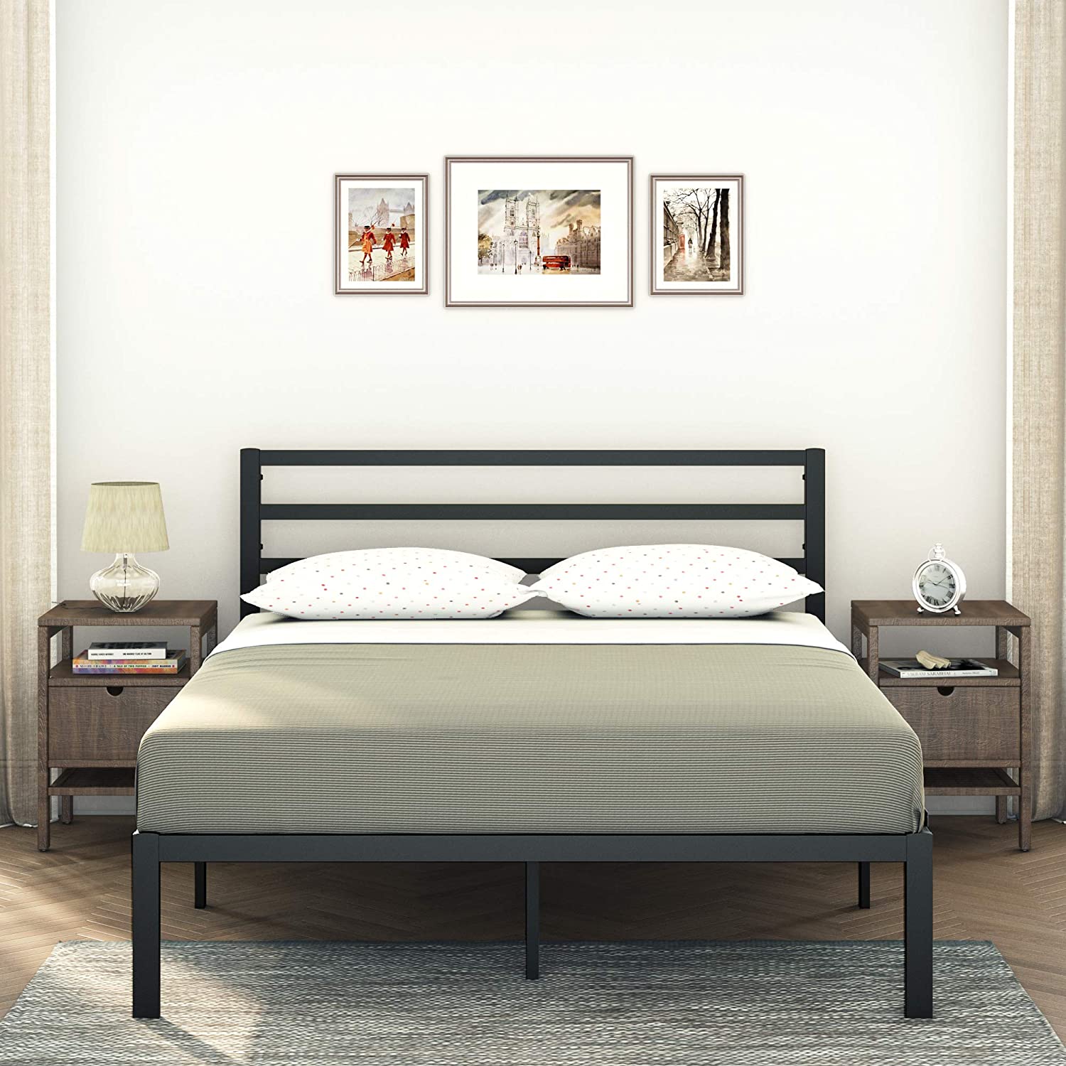 Modern Bed - Black, Metal Bed Frame - Ambee21