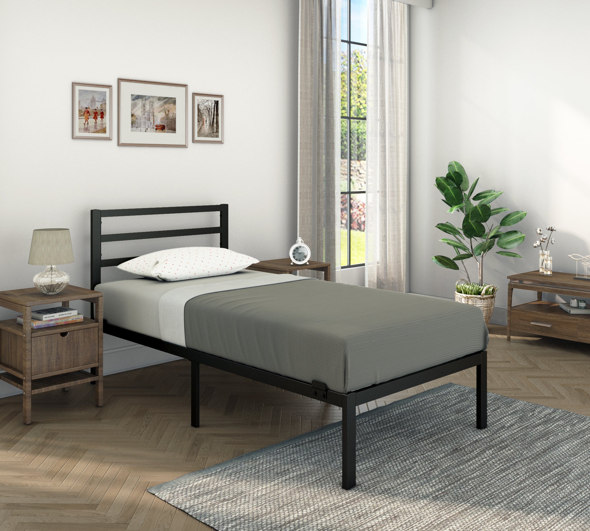 Modern Bed - Black, Metal Bed Frame - Ambee21
